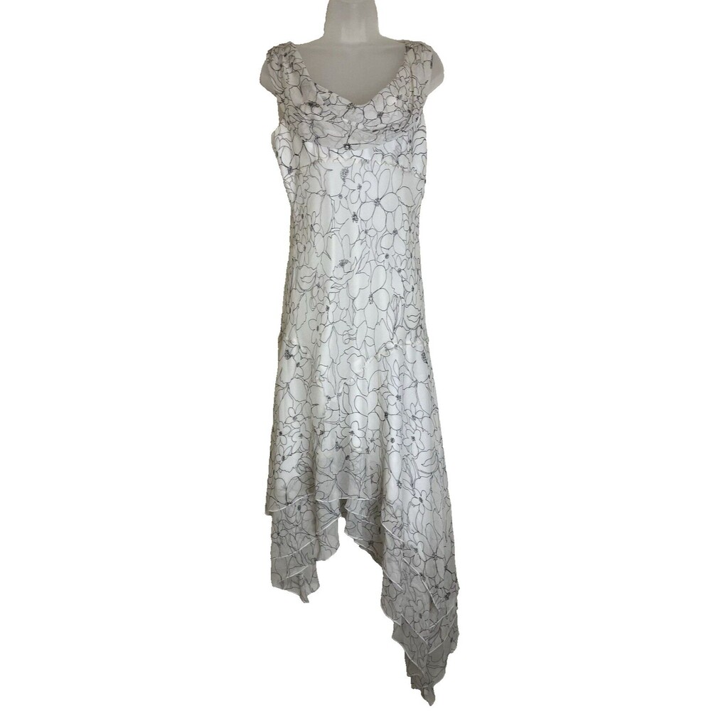 Y2K Babydoll Silk Slip Dress Sz 8 Asymmetrical Midi Fairy Ethereal Floral